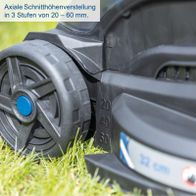 Axiale Schnitthöhenverstellung in 3 Stufen von 20 bis 60 mm. Der Rasenmäher bietet flexible Anpassung der Schnitthöhe für optimale Rasenpflege.