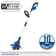 Das Akku-Maschinen-Set 2-tlg. BC-MP320-X + C-LT300-X bietet 10 Jahre Garantie bei Online-Registrierung. Teil des 20V IXES Akkusystems. Garantie gilt bei Registrierung unter warranty.scheppach.com.