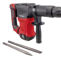 Elektro-Abbruchhammer AB1500x Herkules von Scheppach, seitlich fotografiert. Zwei Meißel liegen daneben.