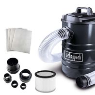 Absauganlage ASA150-BE von Scheppach in Schwarz. Gezeigt von der Seite mit Zubehör wie Schlauch, Filter und Adapter.