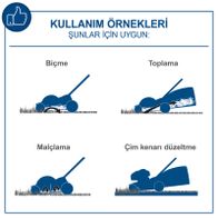 Das Scheppach Werkzeug bietet vielfältige Anwendungsmöglichkeiten: Biome, Toplama, Malçlama und Çim kenarı düzeltme. Es ist ideal für verschiedene Gartenarbeiten.