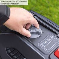 Der Scheppach Mähroboter RRMA300 hat eine stufenlos einstellbare Schnitthöhe von 20 bis 50 mm.