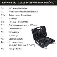 Werkzeugkoffer mit Schraubendreher- und Zangen-Set inkl. Ersatzklingen, Handsägen, Ersatzblättern und präzisen Messwerkzeugen für professionelle Reparaturen und Montagearbeiten.