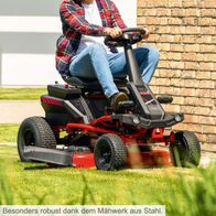 Robuster Akku-Aufsitzrasenmäher mit Stahlmähwerk für präzise Schnittarbeit