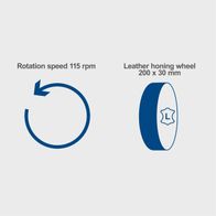 The Whetstone Bench Grinder Tiger 2500 has a rotation speed of 115 rpm and a leather honing wheel with dimensions 200 x 30 mm.