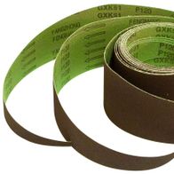 Scheppach Schleifband L 2400 x B 77 mm K 120, zwei Rollen, eine grüne und eine braune, von oben fotografiert.