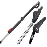 Heckenschere TPX710 von Scheppach, gezeigt von der Seite. Die Heckenschere hat einen Teleskopgriff und einen schwarzen Griff mit rotem Schalter.