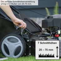 Der Benzin Rasenmäher PLM530-225E von Scheppach bietet eine zentrale Schnitthöhenverstellung in 7 Stufen von 25 bis 75 mm.