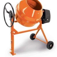 Betonmischer 180 von Scheppach, seitliche Ansicht mit Bedienrad und Rädern.