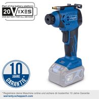 Der Akku-Handkompressor C-AC20-X-Set-L von Scheppach bietet 10 Jahre Garantie bei Online-Registrierung. Teil des 20V IXES Akkusystems für alle Geräte. Garantie unter warranty.scheppach.com.