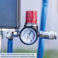 Der Kompressor HC25o von Scheppach verfügt über ein Druckmanometer, mit dem der Kesseldruck jederzeit abgelesen werden kann.