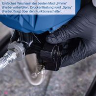 Das Airless Farbsprühsystem ACS4000 von Scheppach bietet einfache Moduswechsel zwischen 'Prime' (Farbe vorbefüllt, Druckentlastung) und 'Spray' (Farbauftrag) über den Funktionsschalter.