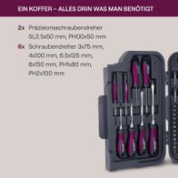 Der Werkzeugkoffer MH100 Gomag enthält 2 Präzisionsschraubendreher (SL2.5x50 mm, PH00x50 mm) und 6 Schraubendreher (3x75 mm, 4x100 mm, 6.5x125 mm, 8x150 mm, PH1x80 mm, PH2x100 mm).