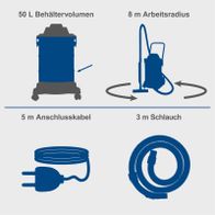 Der Elektro Nass-/Trockensauger VC50 Scheppach mit 50L Behältervolumen, 8m Arbeitsradius, 5m Anschlusskabel und 3m Schlauchlänge.