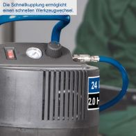 Der Kompressor HC24V von Scheppach verfügt über eine Schnellkupplung für schnellen Werkzeugwechsel. Mit 1500W Leistung und einem 24L Kessel bietet er ölfreien und wartungsarmen Betrieb bei 10 Bar Druck.