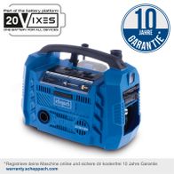 The Scheppach hybrid compressor Airforce 6 - SET L is part of the 20VIXES battery platform. One battery for all devices. With 10 years warranty upon online registration at warranty.scheppach.com.