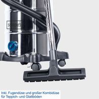 Der Nass-Trockensauger NTS30 Premium von Scheppach verfügt über eine Fugendüse und eine große Kombidüse für Teppich- und Glattböden.