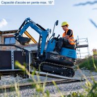 The mini-excavator MB850 by Scheppach has a maximum climbing capacity of 15 degrees. The excavator is perfect for DIY use and offers a sturdy construction for various applications.