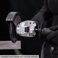The Scheppach cordless angle grinder C-WS125BE-X features a 3-position front handle with non-slip soft-grip.