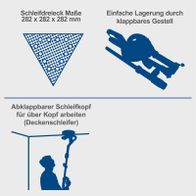 Der Scheppach Wand- und Deckenschleifer DS930 bietet ein Schleifdreieck mit den Maßen 282 x 282 x 282 mm. Er verfügt über eine einfache Lagerung durch ein klappbares Gestell und einen abklappbaren Schleifkopf für Arbeiten über Kopf.