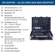 Werkzeugkoffer TB225 mit detaillierter Inhaltsübersicht der 235 Teile inkl. Schraubenschlüssel, Zangen, Hammer und Ersatzklingen