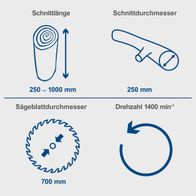 Wippsäge mit Schnittlängenangabe (250–1000 mm), Banddurchmesser (250 mm), Sägeblattdurchmesser (700 mm) und Drehzahl (1400 min⁻¹)
