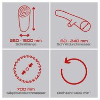 Wippsäge-PX-WS-700: Schnittlängenbereich 250–1500 mm, Schnittdurchmesser 60–240 mm, Sägeblattdurchmesser 700 mm, Drehzahl 1400 min⁻¹