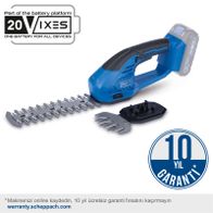 Akku-Gras & Strauchschere C-HTGS200-X von Scheppach. Teil der 20VIXES Batterieplattform. 10 Jahre Garantie bei Online-Registrierung auf warranty.scheppach.com.
