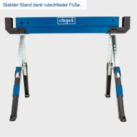 Stabiler Stand dank rutschfester Füße. Scheppach Sägebock MWB600 mit verstellbarer Höhe von 61,8 bis 82 cm und einer Traglast von 2x589 kg.