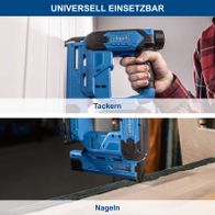 Akku-Klammer- und Nagelpistole mit ergonomischem Griff und integrierten Textangaben zur Funktionsweise