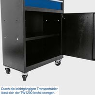 Der Werkstattwagen TW1200 von Scheppach lässt sich dank der leichtgängigen Transporträder einfach bewegen. Die abnehmbare Werkzeugkiste bietet zusätzlichen Stauraum und Flexibilität.