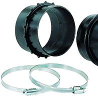 Schlauchverlängerungskupplung Ø 100 mm Scheppach, bestehend aus zwei Kupplungshälften und zwei Schellen. Die Kupplung ist von vorne zu sehen.