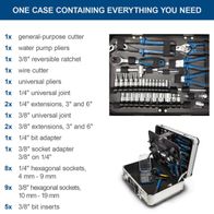The Scheppach TB150 tool kit contains 101 pieces, including various wrenches, sockets, extensions, adapters, and accessories. The set is packed in a lockable metal case.