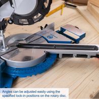 The Scheppach HM216 sliding mitre saw allows easy angle adjustment using specified lock-in positions on the rotary disc.