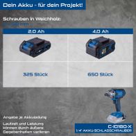 Akku-Schlagschrauber mit Akkuladung, Laufzeit und Leistung für 4x50er Schrauben in Weichholz; Batterieoptionen 2,0 Ah und 4,0 Ah, 325 bzw. 650 Stück