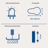 Die Dekupiersäge SD1600V Scheppach verfügt über eine LED-Arbeitsleuchte und einen Werkstückniederhalter. Die Tischgröße beträgt 415 x 255 mm, und die Hubhöhe ist 12 mm.