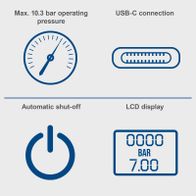 The Scheppach AC10/8V cordless hand-held compressor features a maximum operating pressure of 10.3 bar, a USB-C connection, automatic shut-off, and an LCD display.