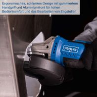 Scheppach Akku-Winkelschleifer mit ergonomischem Griff und Aluminiumfront für präzise Bearbeitung von Engstellen.