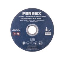 Trennscheibe von Ferrex, Teilenummer 7, Artikelnummer 79038129926, 125 x 1,2 x 22,23 mm, max. 80 m/s, max. 12.250 min⁻¹, EN 12413, MPA Z-16038, Scheppach GmbH.