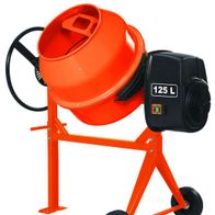 Betonmischer 125L Bauhaus von Scheppach, seitliche Ansicht mit Motor und Rädern.