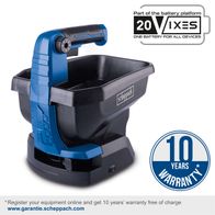 The cordless hand-held spreader C-GSP800-X by Scheppach has a spreading width of 5m, a capacity of 3.5L and a surface performance of 800m². Includes 2Ah battery and 2.4A charger. 10 years warranty with online registration.