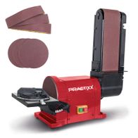 Band- und Tellerschleifer PX-BTS-450 Practixx mit 450W Leistung. Bandgröße: 100 x 915 mm, Tellerdurchmesser: 150 mm. Inklusive Schleifbänder und -teller. Gezeigt von der Seite mit Blick auf das Schleifband und den Schleifteller.