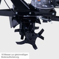 Die Benzin-Motorhacke MTP370 von Scheppach verfügt über 16 Messer für eine gleichmäßige Bodenauflockerung.