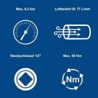 Technische Datenblatt für pneumatische Ratsche mit max. Druck von 6,3 bar, Luftbedarf 77 Liter/Minute, 1/2" Steckschlüssel und 68 Nm Drehmoment
