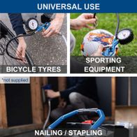 The Scheppach universal tyre pressure gauge is suitable for bicycle tyres, sporting equipment and nailing/stapling. It is not supplied with an air hose.