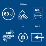 Wichtige technische Daten und Funktionen des Scheppach-Abruchhammers: 1900 BPM, 1900 Watt, 60 Joule, SDS-Hexagon-Schraubverbindung, Reichweite von 3 Metern, Anti-Vibration-System, Elektrobetankung