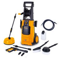 Elektro-Hochdruckreiniger REPW 180 Set Riwall mit verschiedenen Düsen und Zubehörteilen. Die Maschine ist von vorne zu sehen.
