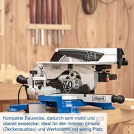 Die Tisch-Kappsäge HM100T von Scheppach ist kompakt und mobil einsetzbar. Ideal für den mobilen Einsatz und Werkstätten mit wenig Platz. Sie bietet eine Schnittkapazität von 46 mm bei 90° und 70 mm bei 45°.