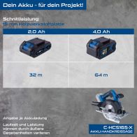 Scheppach Akku-Handkreissäge C-HCS165-X: Schnittleistung 15 mm Holzwerkstoffplatte. 2,0 Ah Akku ermöglicht 32 m Schnittlänge, 4,0 Ah Akku ermöglicht 64 m Schnittlänge. Laufzeit und Leistung können variieren.