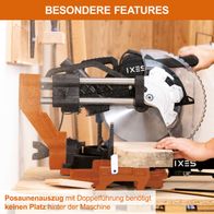Die Kapp-, Zug- und Gehrungssäge IX-KZP305 IXES benötigt keinen Platz hinter der Maschine dank Doppelführung des Posaunenauszugs.